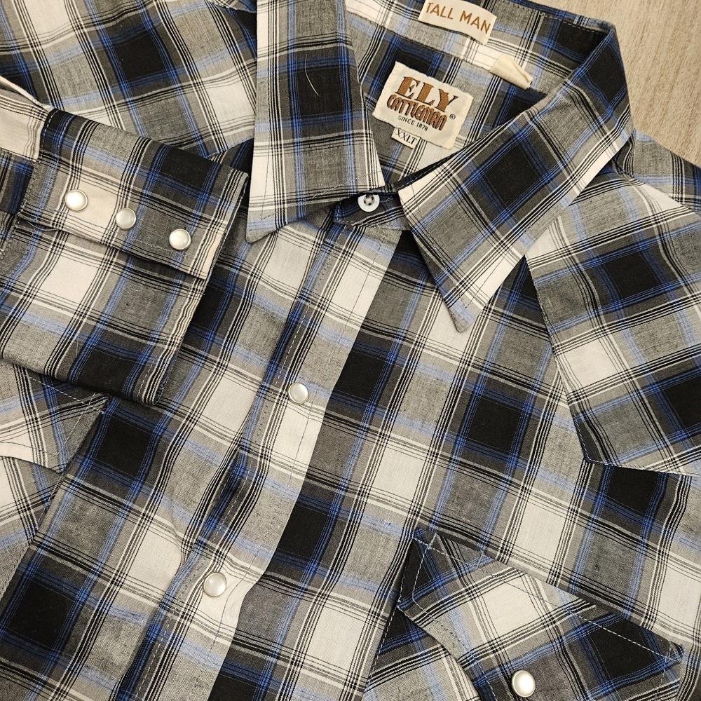 Ely Cattleman‎ Pearl Snap Shirt Mens XXLT Plaid Rodeo Long Sleeve Black